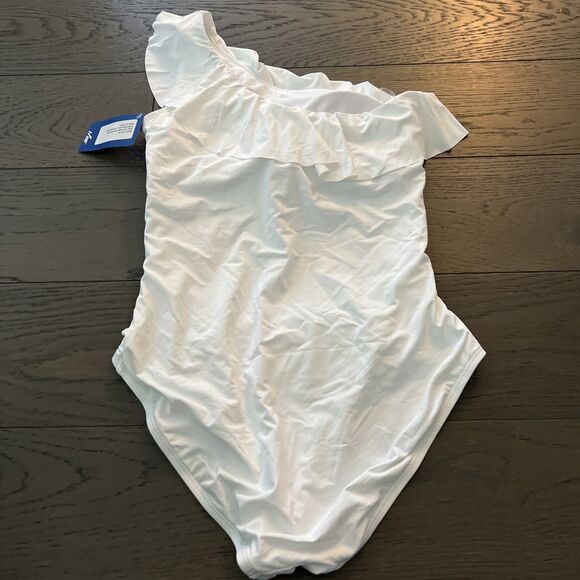 HILOR  Women's Size 12 White Swimsuit One Shoulder Asymmetric Ruffle NWT - Picture 5 of 7